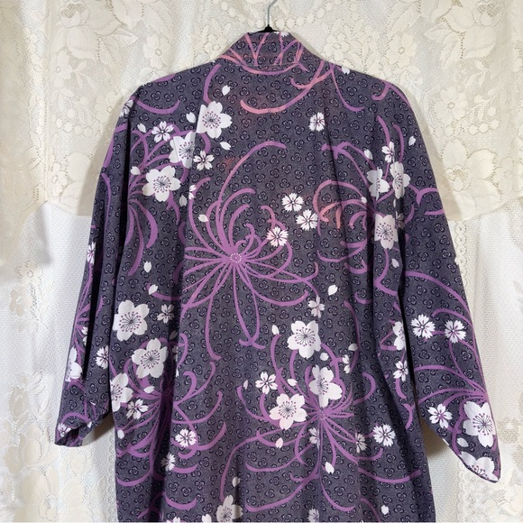 Midori Obi Arts Yukata Floral Kimono Duster Robe Purple Lavender White Boho - Picture 5 of 9
